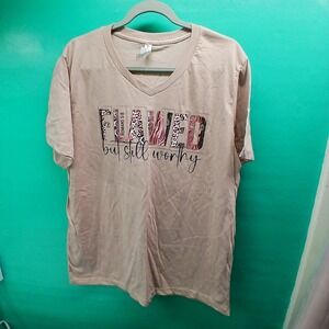 Christian Womens XL Tan Flawed But Still‎ Worthy Animal Print V-Neck Graphic Tee